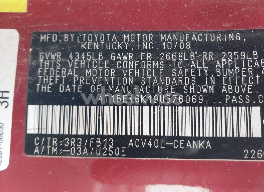 Photo 9 of 2009 Toyota Camry LE (VIN 4T1BE46K19U376069)