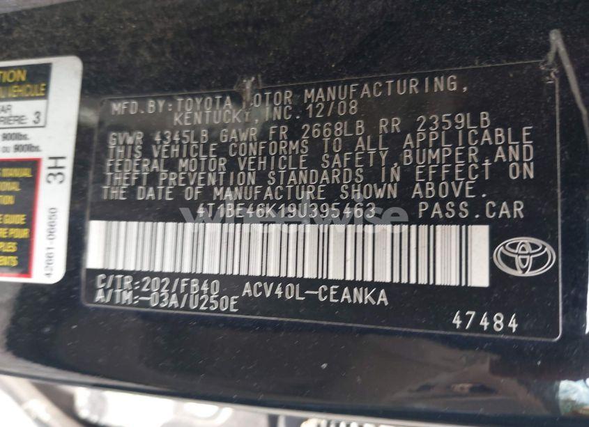 Photo 9 of 2009 Toyota Camry LE (VIN 4T1BE46K19U395463)