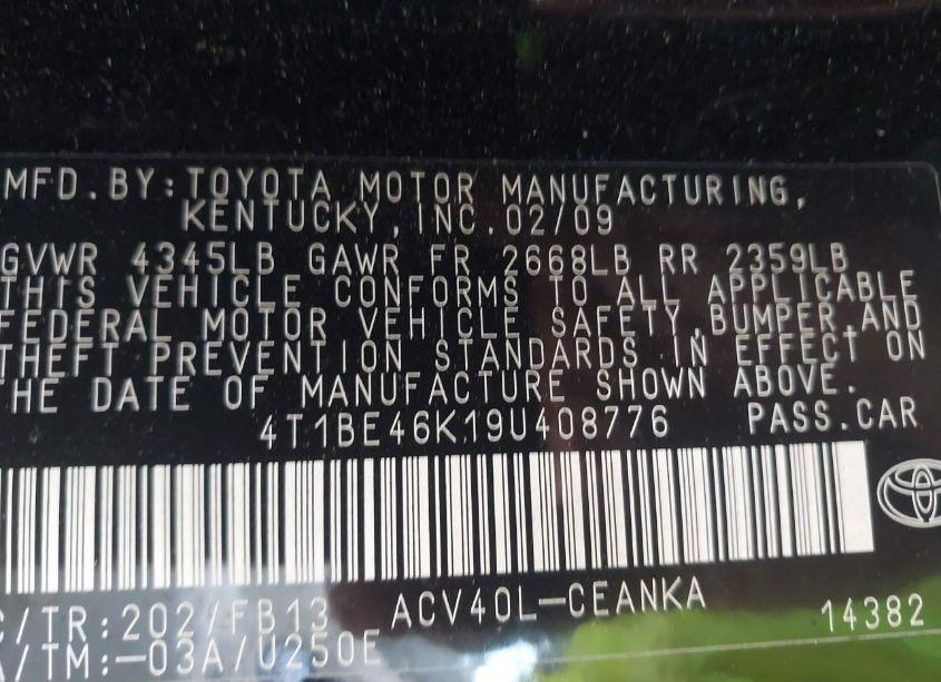 Photo 9 of 2009 Toyota Camry LE (VIN 4T1BE46K19U408776)