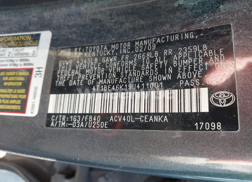Photo 9 of 2009 Toyota Camry LE (VIN 4T1BE46K19U411001)