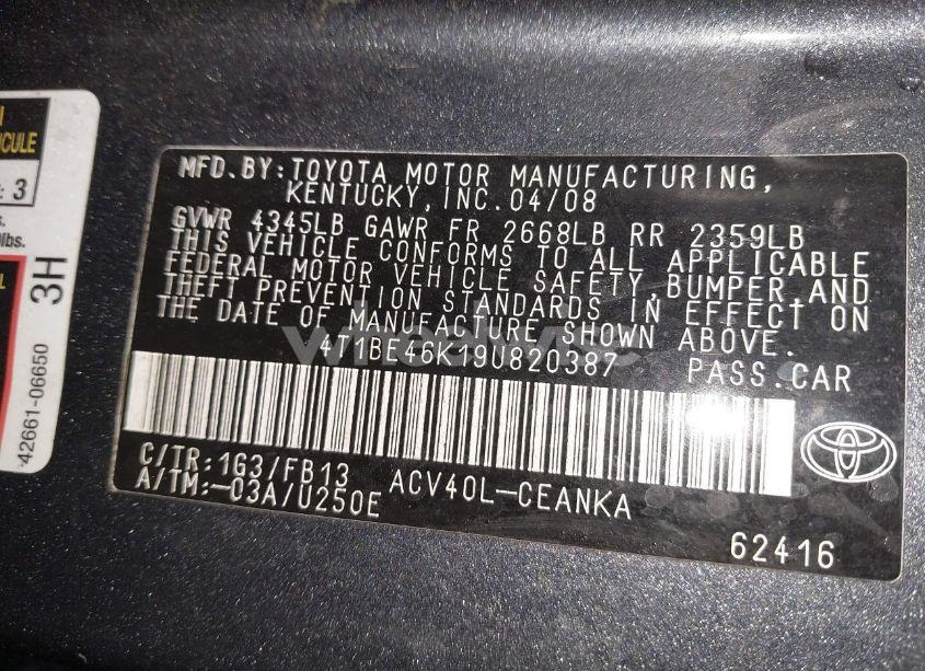 Photo 9 of 2009 Toyota Camry LE (VIN 4T1BE46K19U820387)