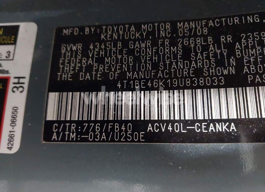 Photo 9 of 2009 Toyota Camry LE (VIN 4T1BE46K19U838033)