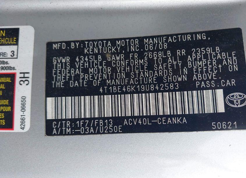 Photo 9 of 2009 Toyota Camry (VIN 4T1BE46K19U842583)