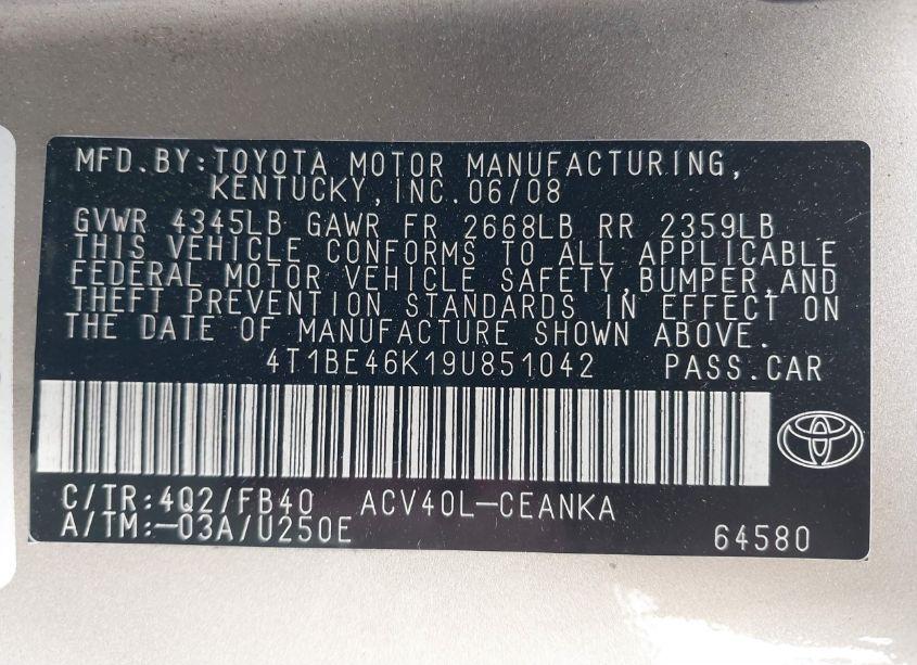 Photo 9 of 2009 Toyota Camry LE (VIN 4T1BE46K19U851042)