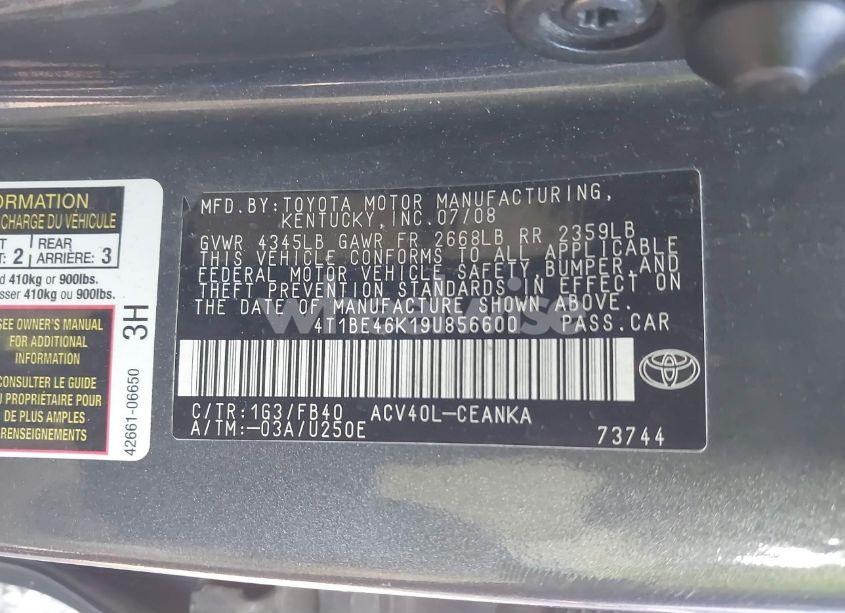 Photo 9 of 2009 Toyota Camry LE (VIN 4T1BE46K19U856600)