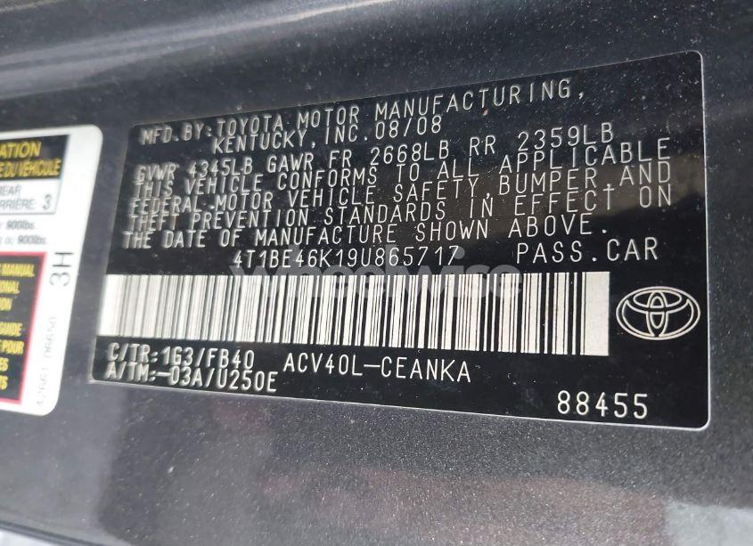 Photo 9 of 2009 Toyota Camry LE (VIN 4T1BE46K19U865717)