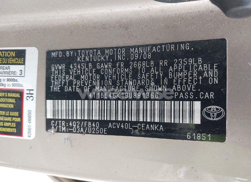 Photo 9 of 2009 Toyota Camry LE (VIN 4T1BE46K19U881366)