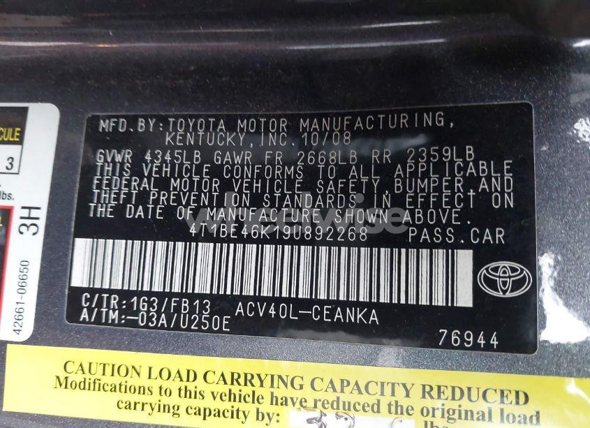 Photo 9 of 2009 Toyota Camry LE (VIN 4T1BE46K19U892268)