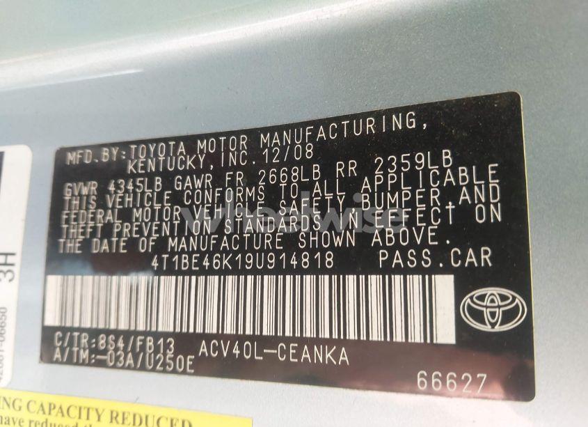 Photo 9 of 2009 Toyota Camry LE (VIN 4T1BE46K19U914818)