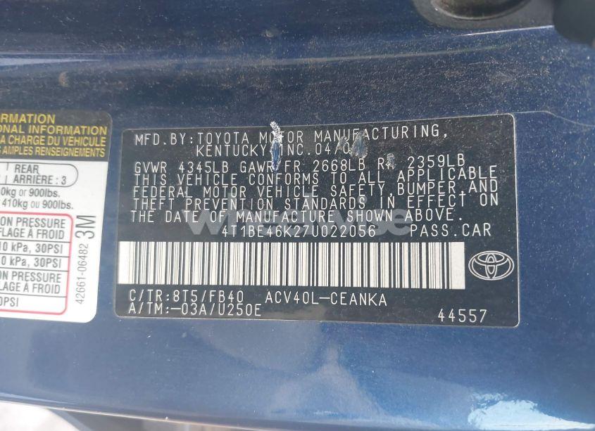 Photo 9 of 2007 Toyota Camry LE (VIN 4T1BE46K27U022056)