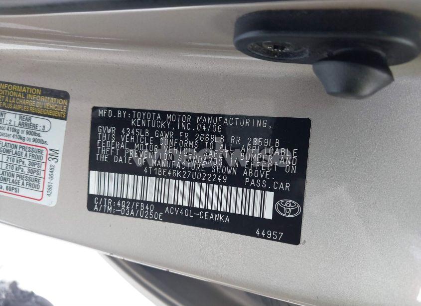 Photo 9 of 2007 Toyota Camry LE (VIN 4T1BE46K27U022249)