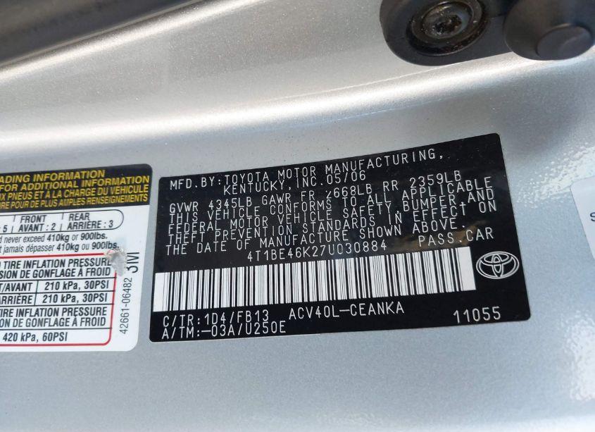 Photo 9 of 2007 Toyota Camry LE (VIN 4T1BE46K27U030884)