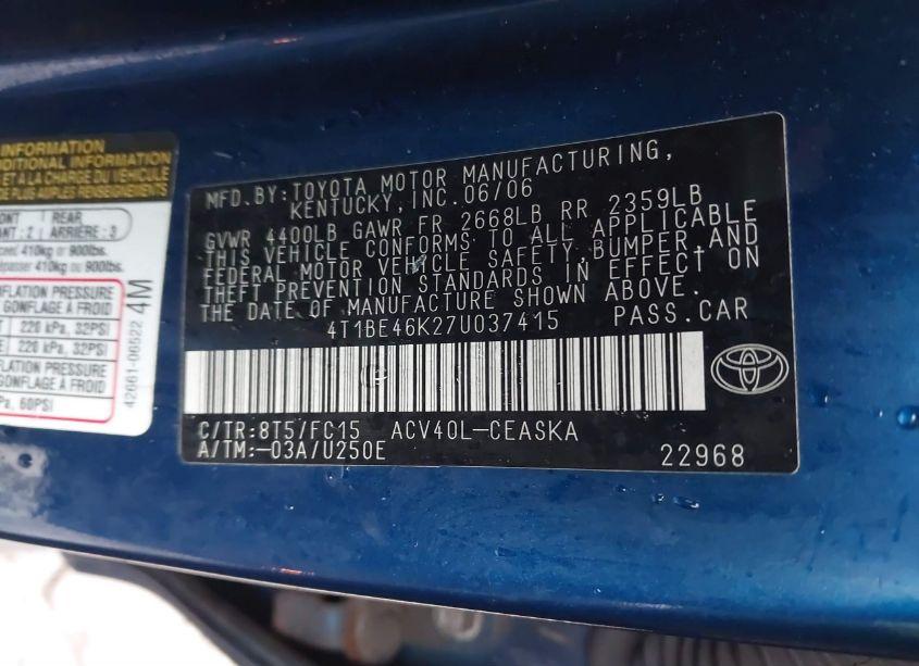 Photo 9 of 2007 Toyota Camry SE (VIN 4T1BE46K27U037415)