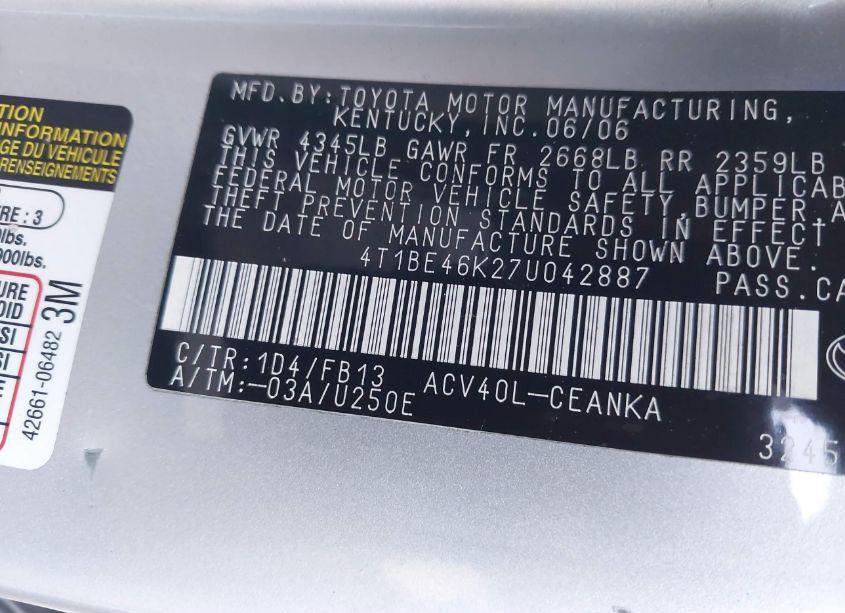 Photo 9 of 2007 Toyota Camry CE (VIN 4T1BE46K27U042887)
