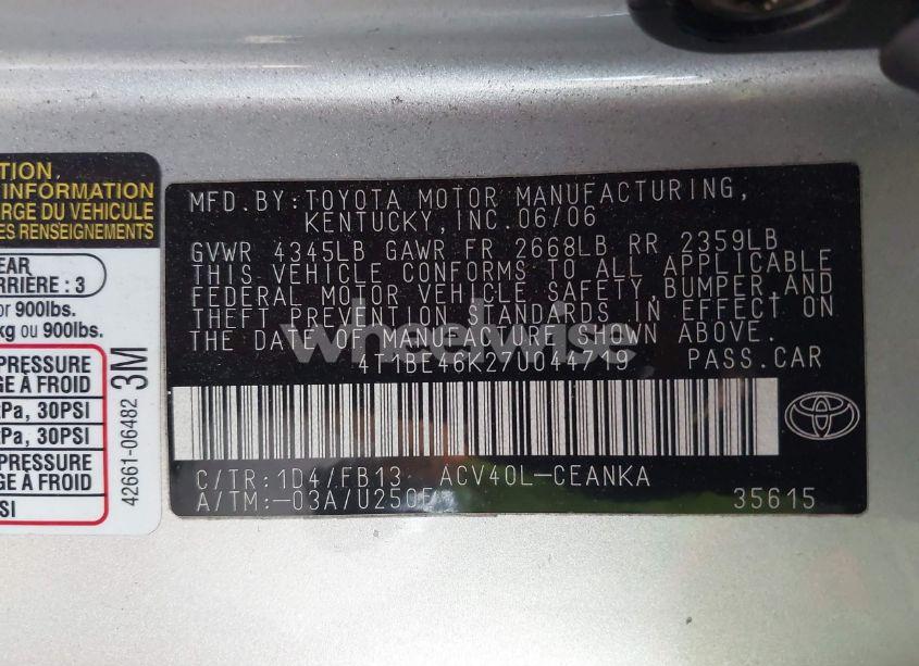 Photo 9 of 2007 Toyota Camry LE (VIN 4T1BE46K27U044719)