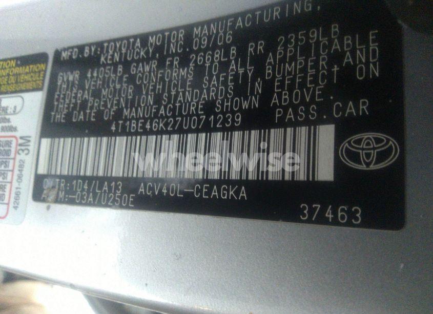 Photo 9 of 2007 Toyota Camry XLE (VIN 4T1BE46K27U071239)