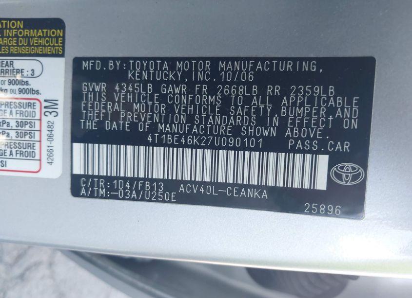 Photo 9 of 2007 Toyota Camry LE (VIN 4T1BE46K27U090101)