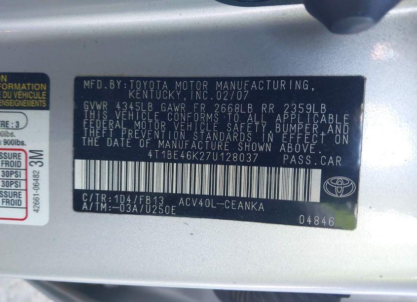 Photo 9 of 2007 Toyota Camry LE (VIN 4T1BE46K27U128037)