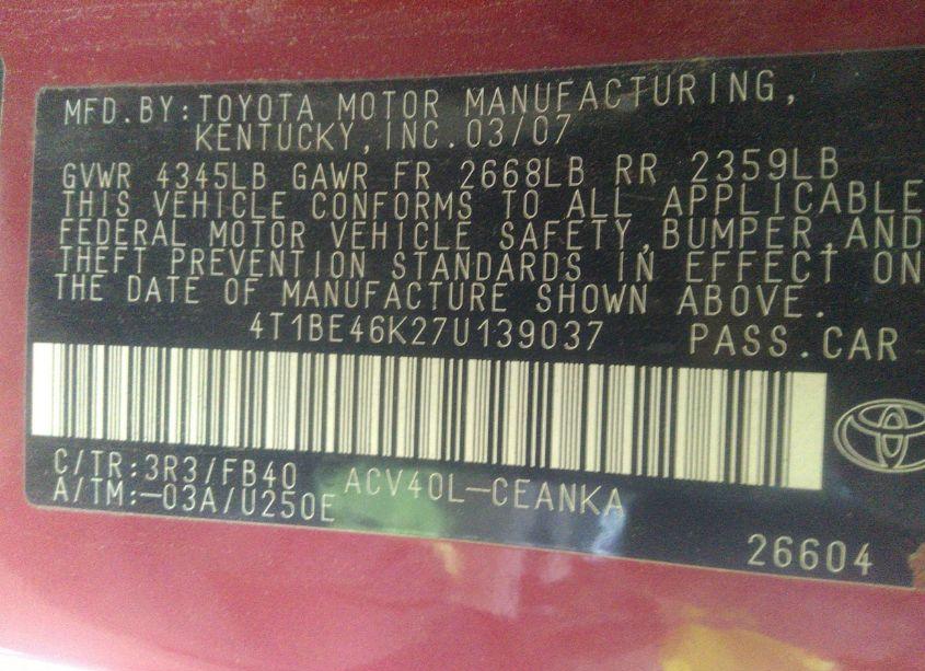 Photo 9 of 2007 Toyota Camry LE (VIN 4T1BE46K27U139037)