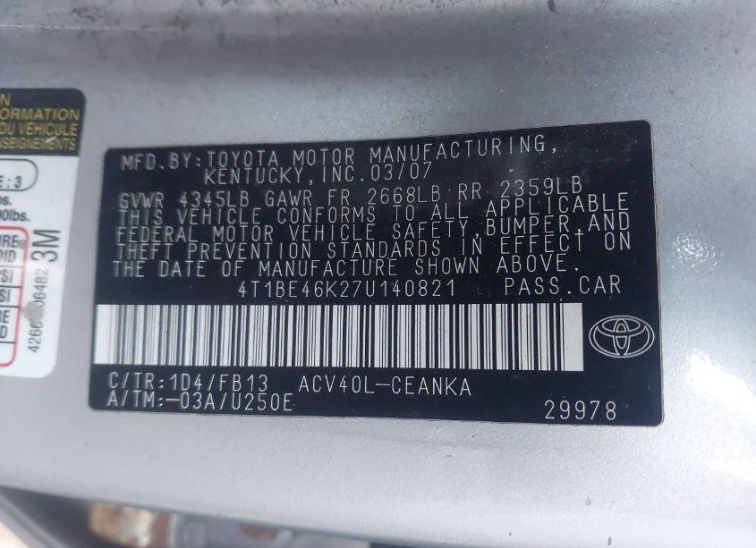 Photo 9 of 2007 Toyota Camry LE (VIN 4T1BE46K27U140821)