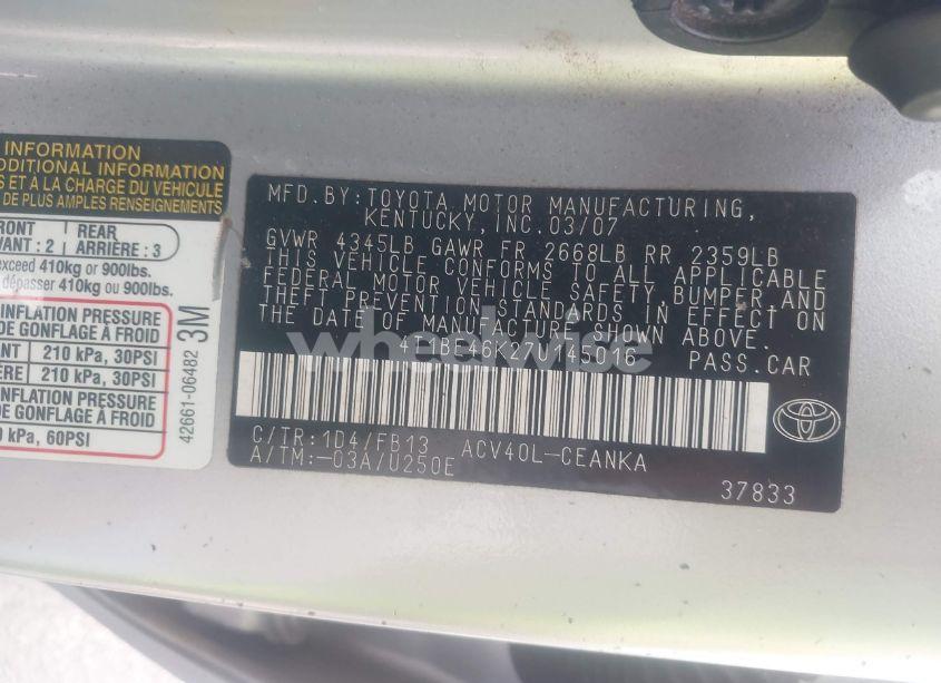 Photo 9 of 2007 Toyota Camry LE (VIN 4T1BE46K27U145016)