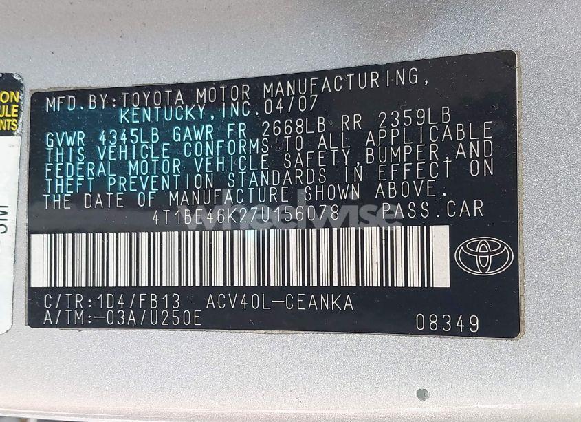 Photo 9 of 2007 Toyota Camry LE (VIN 4T1BE46K27U156078)