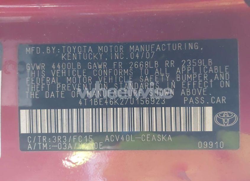 Photo 9 of 2007 Toyota Camry SE (VIN 4T1BE46K27U156923)