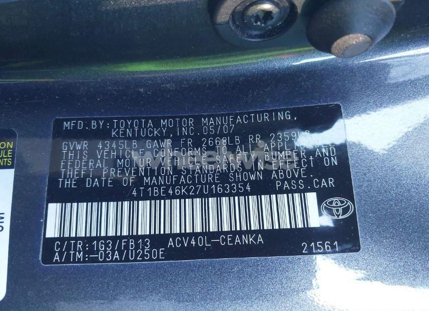 Photo 9 of 2007 Toyota Camry LE (VIN 4T1BE46K27U163354)