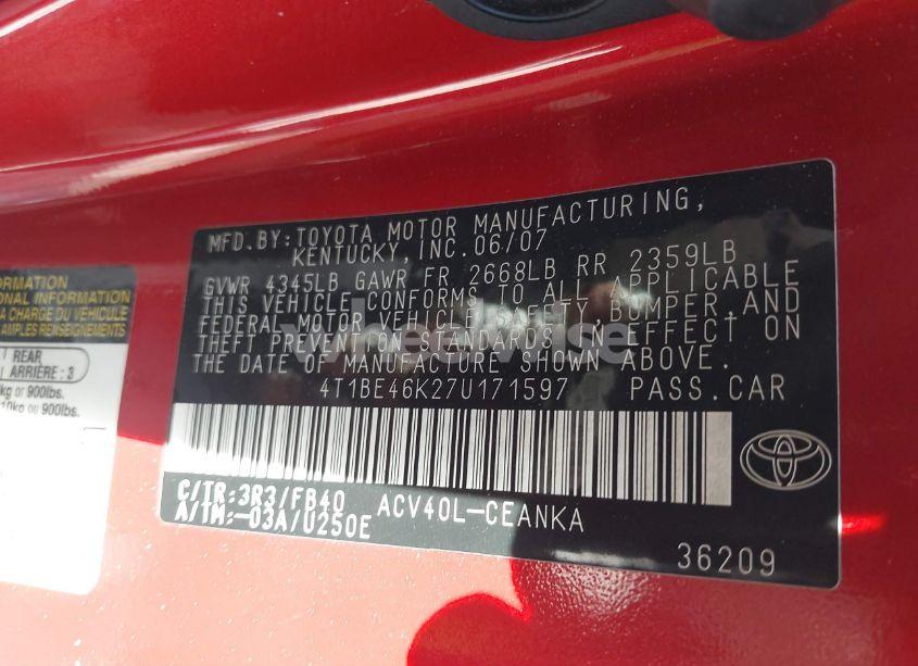 Photo 9 of 2007 Toyota Camry LE (VIN 4T1BE46K27U171597)