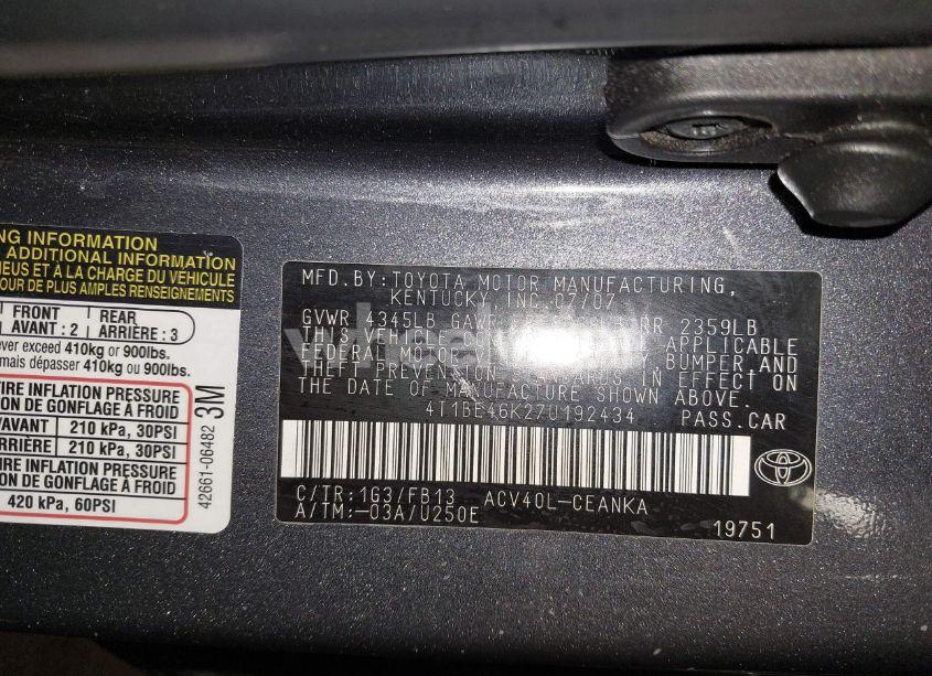 Photo 9 of 2007 Toyota Camry LE (VIN 4T1BE46K27U192434)