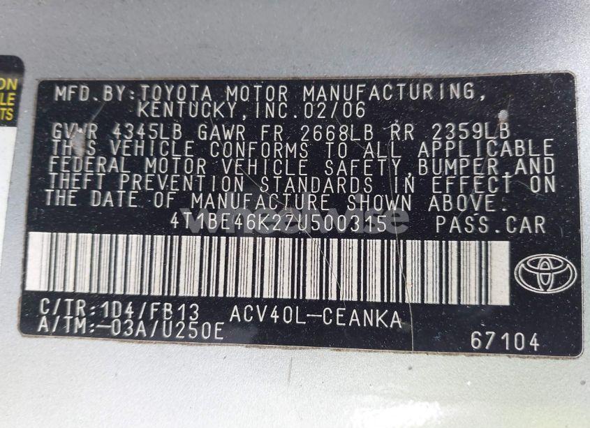 Photo 9 of 2007 Toyota Camry LE (VIN 4T1BE46K27U500315)