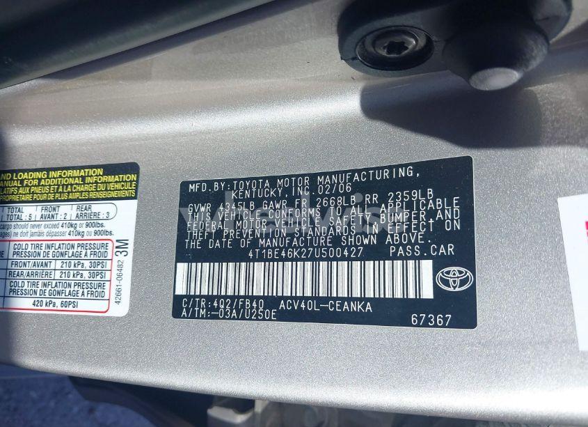 Photo 9 of 2007 Toyota Camry LE (VIN 4T1BE46K27U500427)