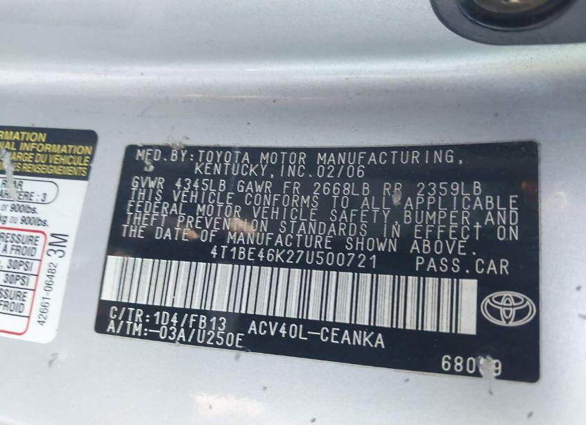 Photo 9 of 2007 Toyota Camry LE (VIN 4T1BE46K27U500721)