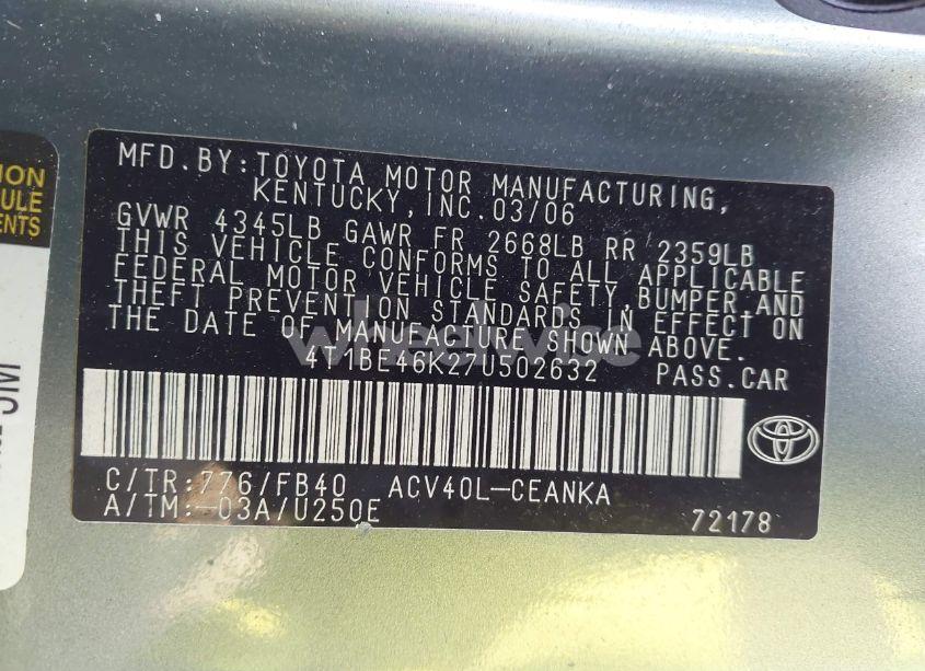 Photo 9 of 2007 Toyota Camry LE (VIN 4T1BE46K27U502632)
