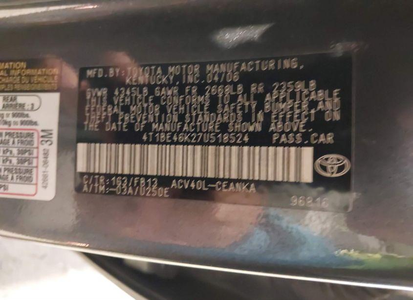 Photo 9 of 2007 Toyota Camry LE (VIN 4T1BE46K27U518524)