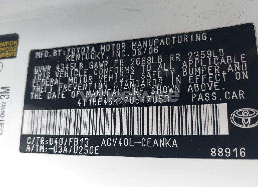 Photo 9 of 2007 Toyota Camry LE (VIN 4T1BE46K27U547053)