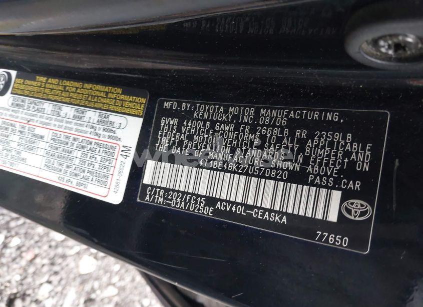 Photo 9 of 2007 Toyota Camry SE (VIN 4T1BE46K27U570820)