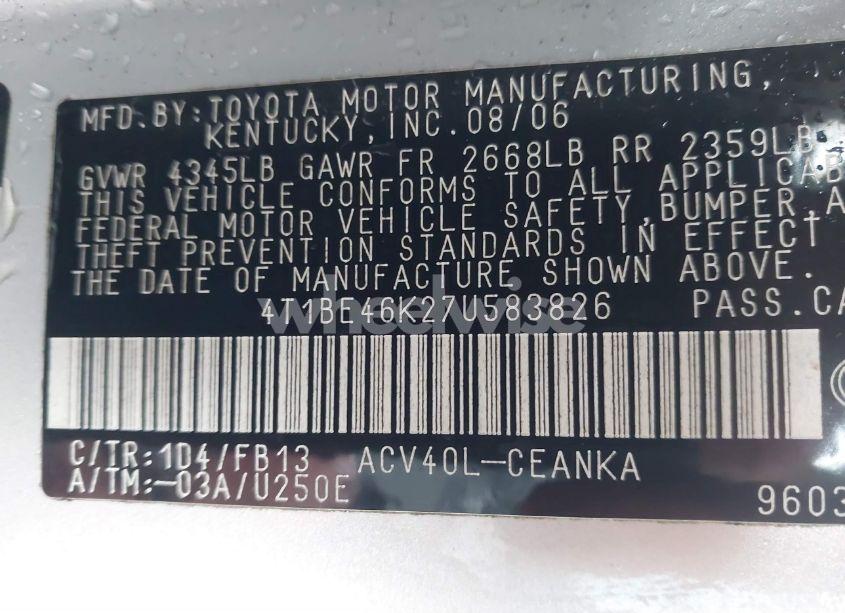 Photo 9 of 2007 Toyota Camry LE (VIN 4T1BE46K27U583826)