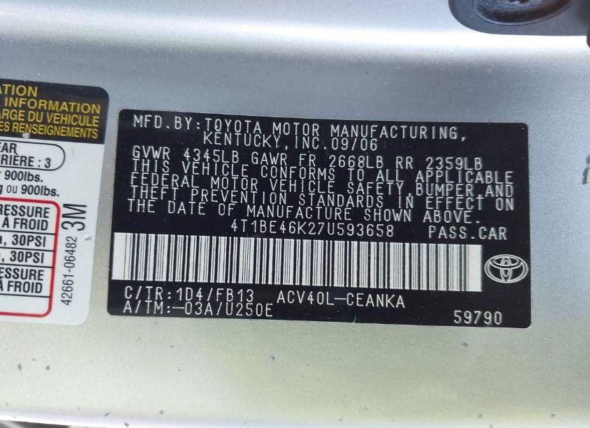 Photo 9 of 2007 Toyota Camry LE (VIN 4T1BE46K27U593658)