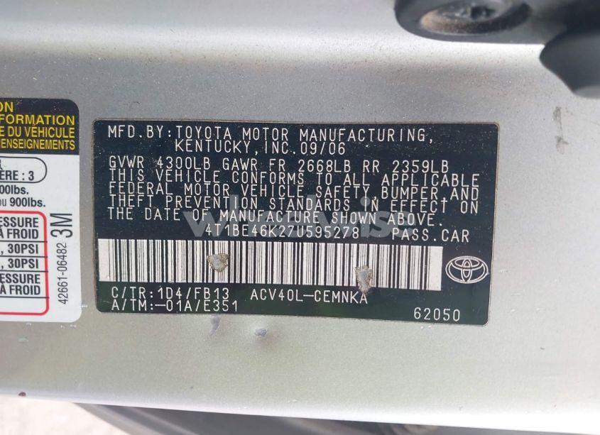 Photo 9 of 2007 Toyota Camry CE/LE/SE/XLE (VIN 4T1BE46K27U595278)