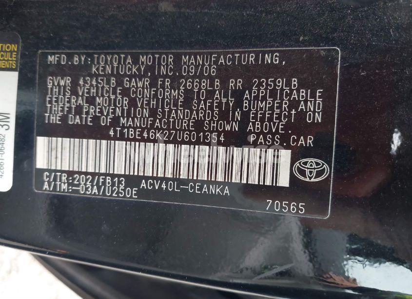 Photo 9 of 2007 Toyota Camry LE (VIN 4T1BE46K27U601354)