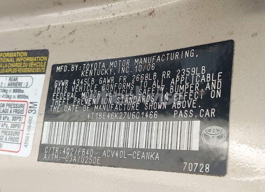 Photo 9 of 2007 Toyota Camry LE (VIN 4T1BE46K27U601466)