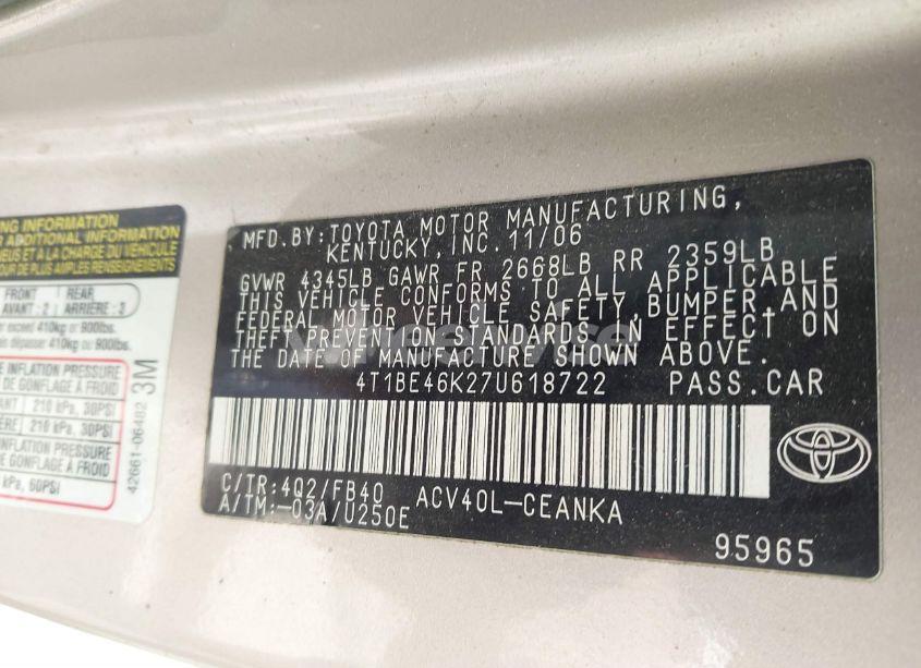 Photo 9 of 2007 Toyota Camry CE (VIN 4T1BE46K27U618722)