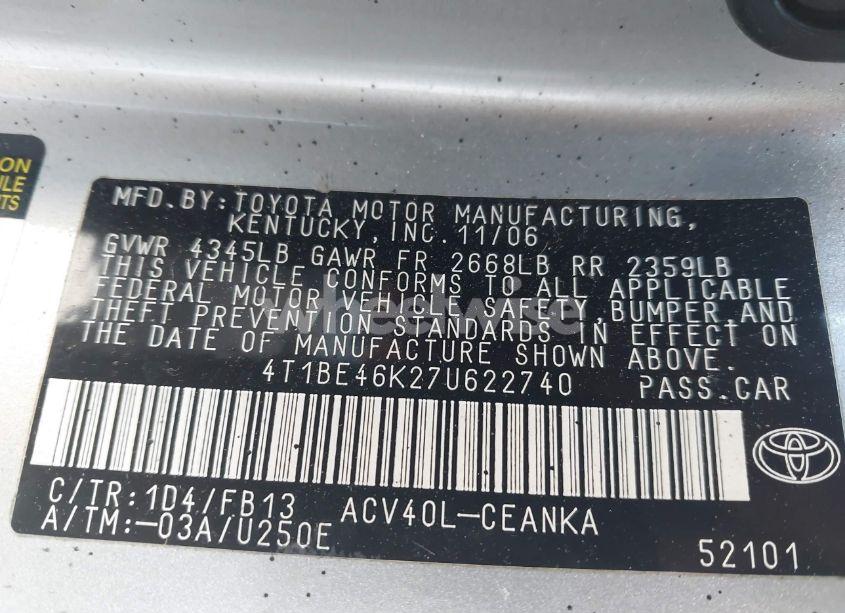 Photo 9 of 2007 Toyota Camry LE (VIN 4T1BE46K27U622740)