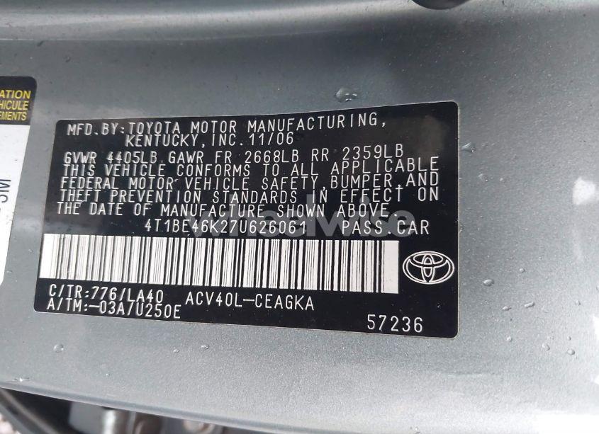 Photo 9 of 2007 Toyota Camry XLE (VIN 4T1BE46K27U626061)