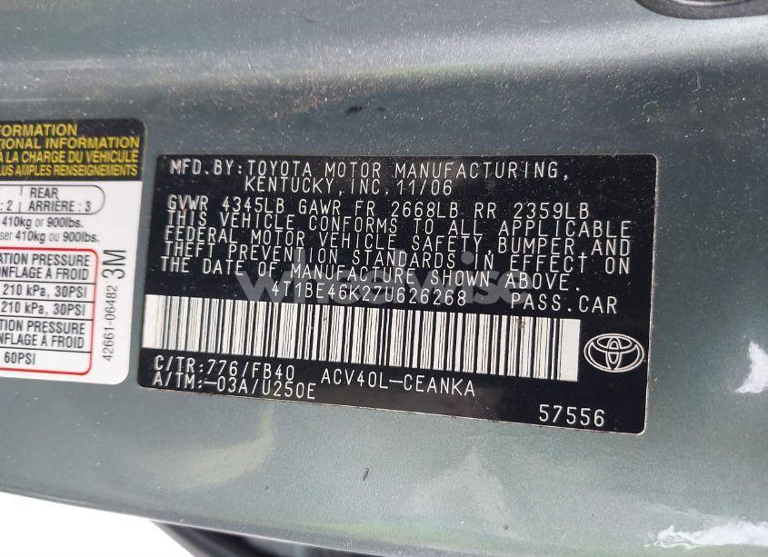 Photo 9 of 2007 Toyota Camry LE (VIN 4T1BE46K27U626268)