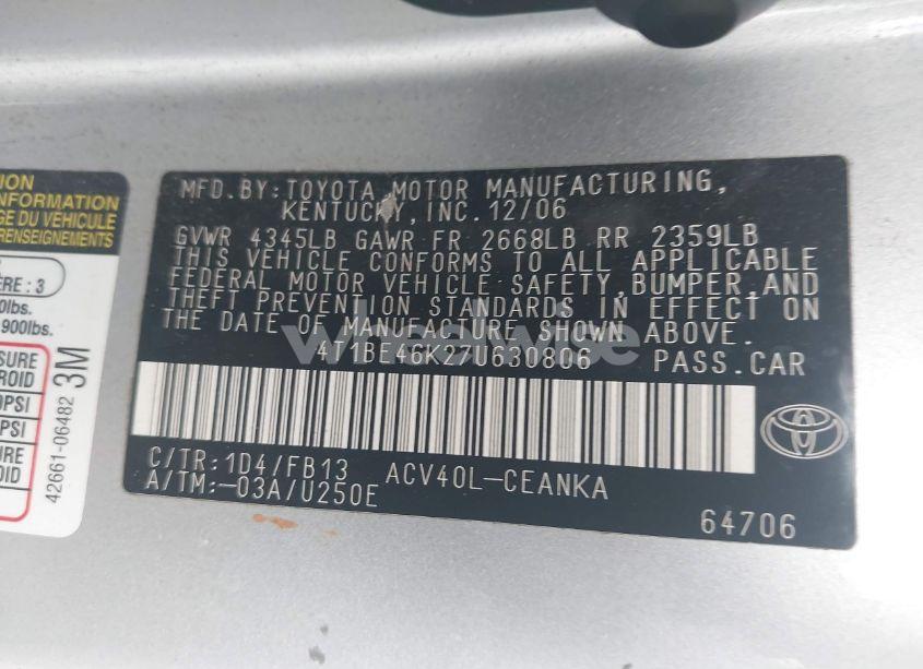 Photo 9 of 2007 Toyota Camry LE (VIN 4T1BE46K27U630806)