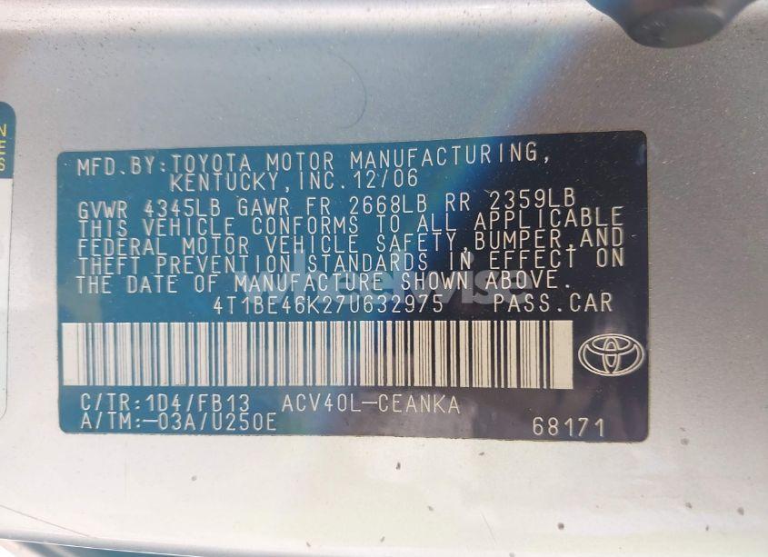 Photo 9 of 2007 Toyota Camry LE (VIN 4T1BE46K27U632975)