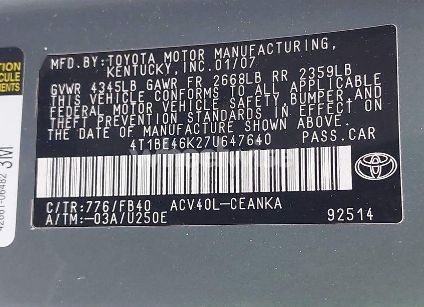 Photo 9 of 2007 Toyota Camry LE (VIN 4T1BE46K27U647640)