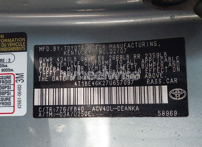 Photo 9 of 2007 Toyota Camry LE (VIN 4T1BE46K27U657097)